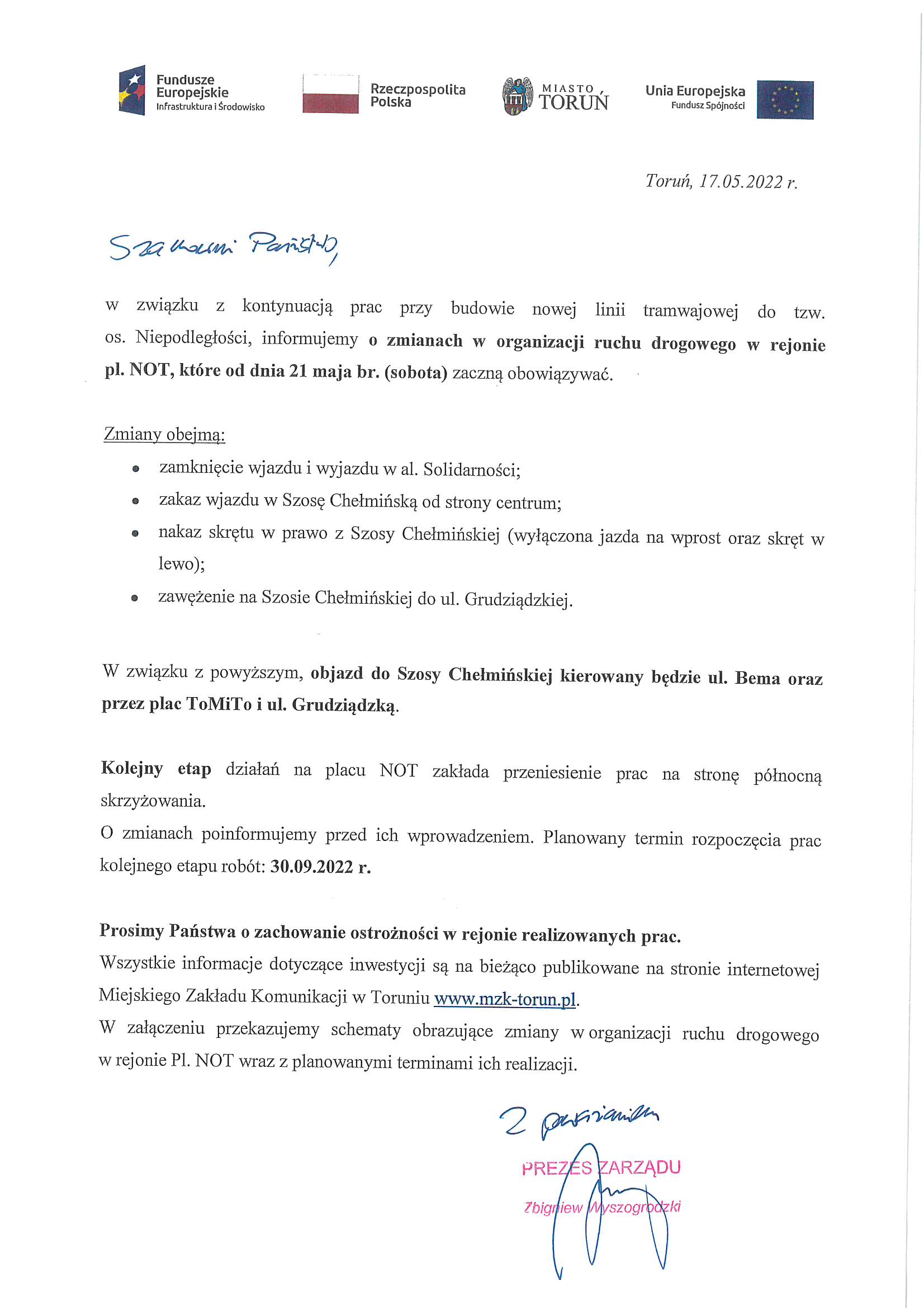 Pismo z MZk w Toruniu, dotyczące zmian w ruchu drogowym wokół siedziby naszego Oddziału