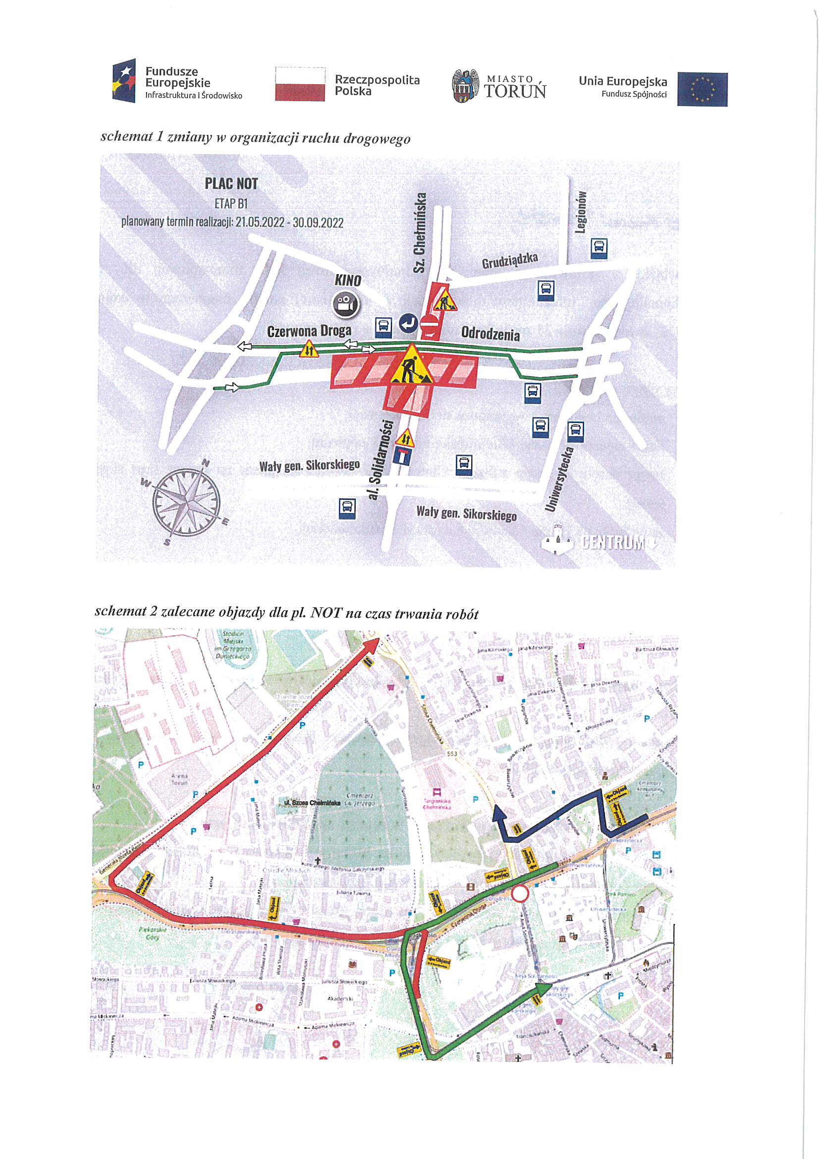 Mapa objazdów i zmian w ruchu drogowym,  wokół siedziby Oddziału PFRON w Toruniu