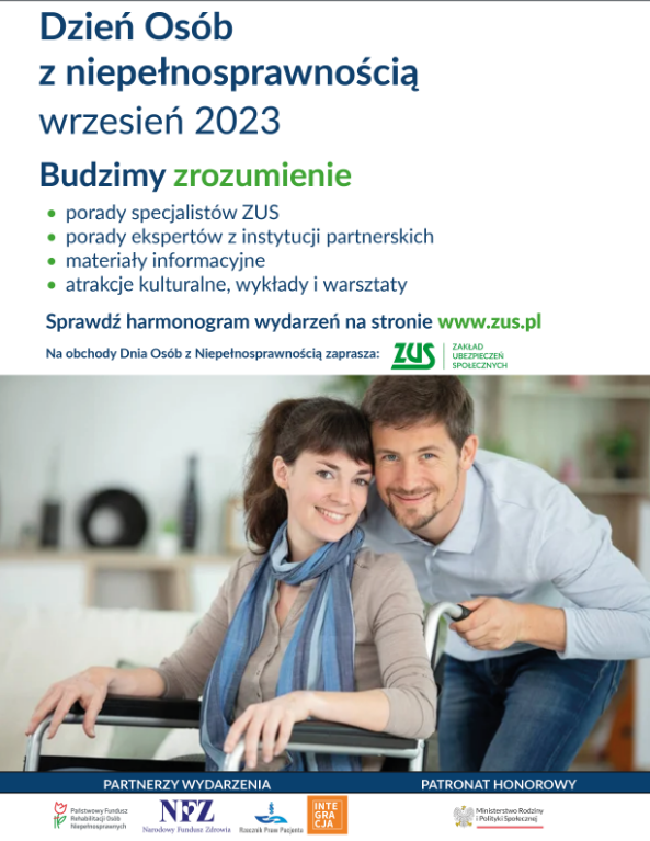 Plakat promujący Dzień osób z niepełnosprawnością - dwoje uśmiechniętych ludzi - kobieta na wózku inwalidzkim i za nią mężczyzna, u góry informacja o przebiegu wydarzenia