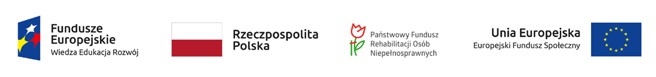 Grafika z flagami Funduszy Europejskich Wiedza Edukacja Rozwój, flagą Polski, logo PFRON, Unii Europejskiej Europejski Fundusz Społeczny