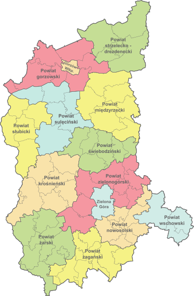Pokaż zdjęcie: Mapa przedstawiająca województwo lubuskie z podziałem na powiaty