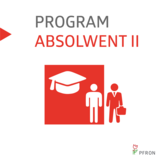 Pokaż zdjęcie: Na białym tle znajduje się napis PROGRAM ABSOLWENT II. Pod napisem czerwony kwadrat, w którym białą czcionką przedstawiona jest czapka żaka oraz sylwetka człowieka. Po lewej stronie znajduje się czerwona sylwetka człowieka trzymającego teczkę.