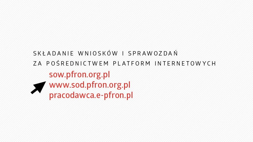 PFRON online infografika informuje o możliwości skłądania wniosków i delakaracji za pośrednictwem platworm SOW, SOD i pracodawca.pfron.org.pl