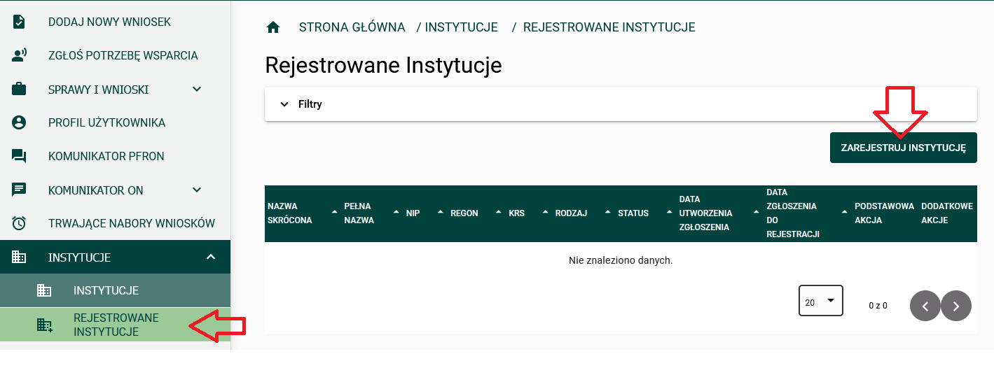 Zrzut ekranu z zakładką Rejestrowane Instytucje Zrzut ekranu z widoczną zakładką Rejestrowane Instytucje i oznaczonym przyciskiem "zarejestruj instytucję".