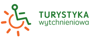 Logotyp projektu "Urlop od opieki. Model turystyki wytchnieniowej" Z lewej strony piktogram przedstawiający osobę siedzącą na wózku, który przypomina świecące na pomarańczowo słońce. Z prawej strony zielony napis Turystyka wytchnieniowa.