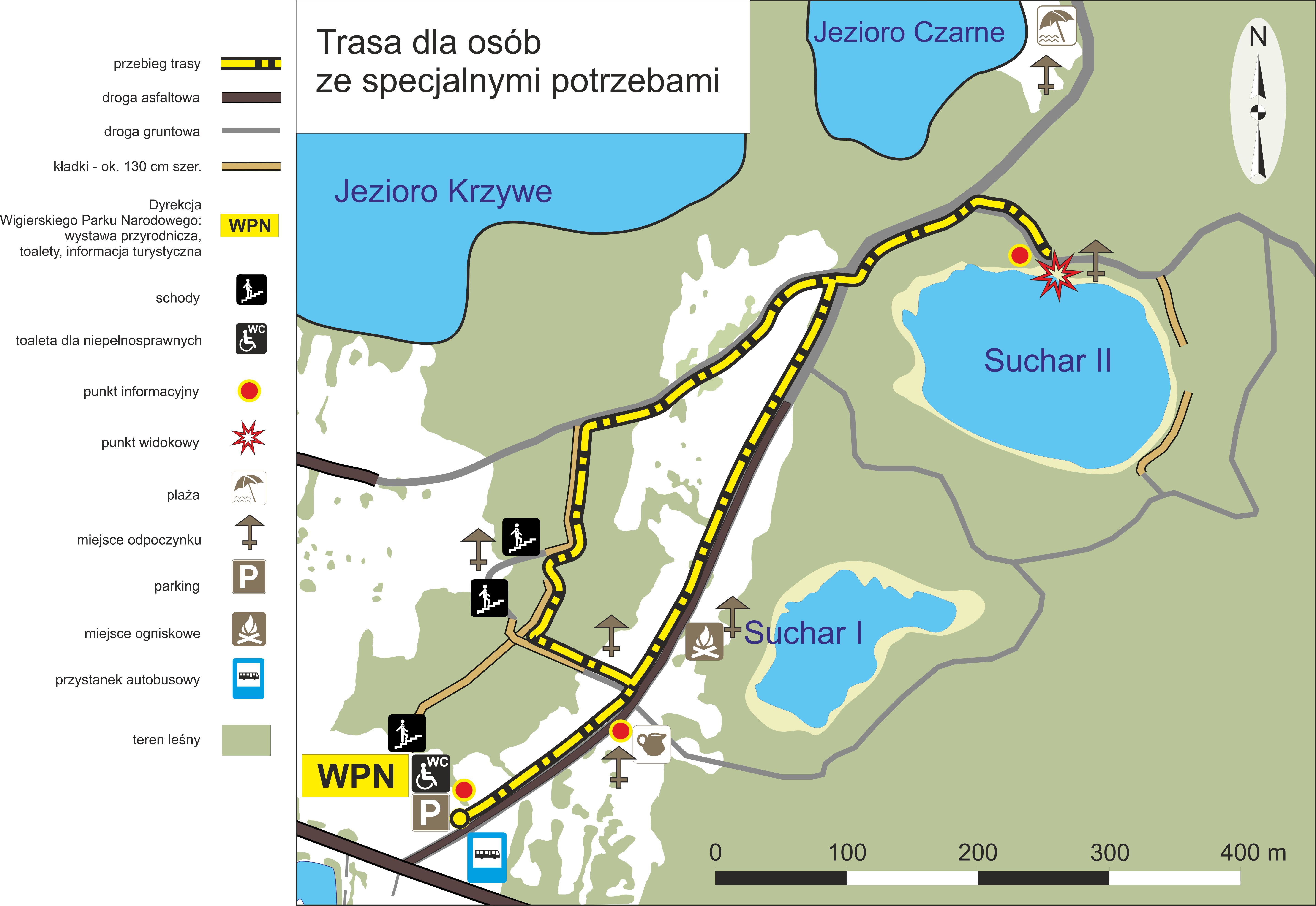 Mapa okolicy parku Mapa okolicy siedziby parku, pokazująca trasę dla osób ze specjalnymi potrzebami. Trasa prowadzi do punktu widokowego nad jeziorem Suchar II.