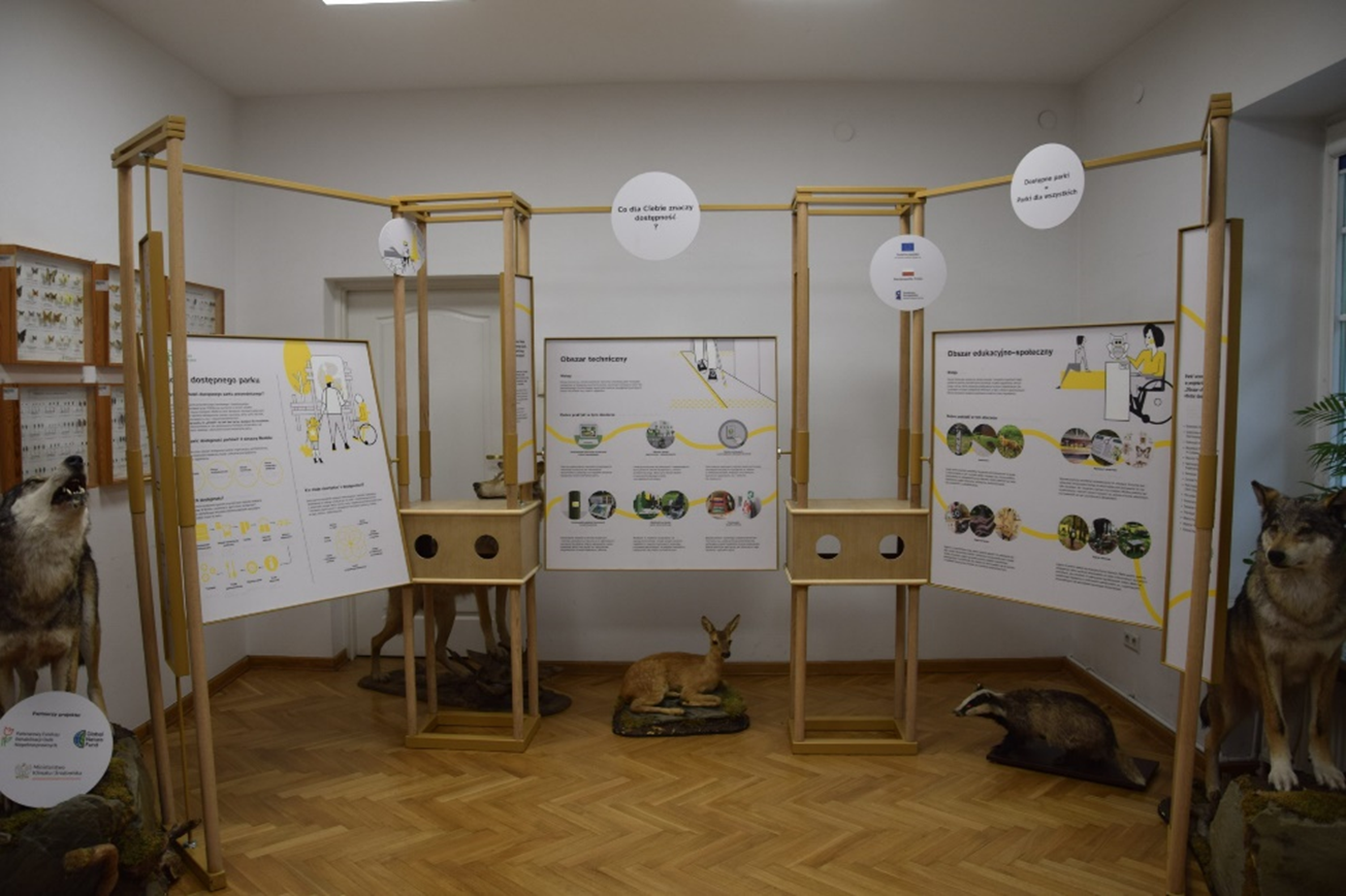 Wystawa Modelu dostępnego parku przyrodniczego. Widok pomieszczenia z wystawą składającą się z połączonych ze sobą trzech kwadratowych modułów z informacjami o Modelu dostępnego parku przyrodniczego. Wokół makiety zwierząt - wilk, sarna, borsuk.