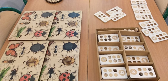Układanki przyrodnicze. Leżące na stole materiały edukacyjne pokazujące rodzaje owadów leśnych.