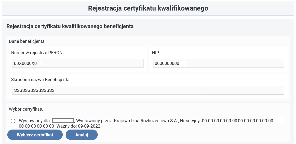 Widok ekranu po wyborze funkcji 'Nowy certyfikat kwalifikowany'.