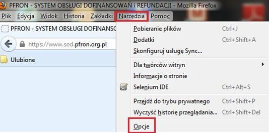 Ekran systemowy ‘Narzędzia’ w menu przeglądarki Mozilla Firefox.