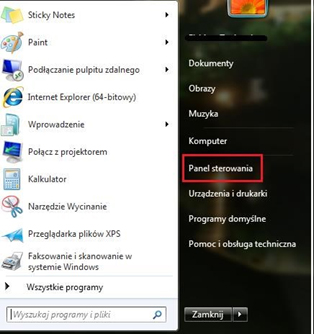 Menu Start - Panel sterowania.