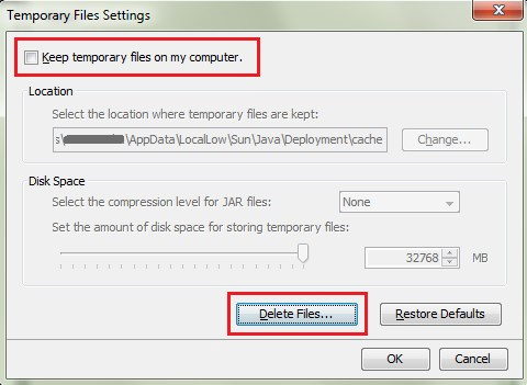 Okno 'Temporary Files Settings'.
