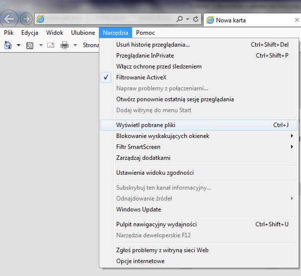 Ekran systemowy ‘Narzędzia’ w menu przeglądarki Internet Explorer.