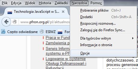 Ekran systemowy ‘Narzędzia’ w menu przeglądarki Mozilla Firefox.