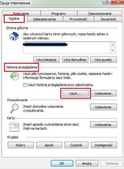 Ekran systemowy ‘Opcje internetowe’.