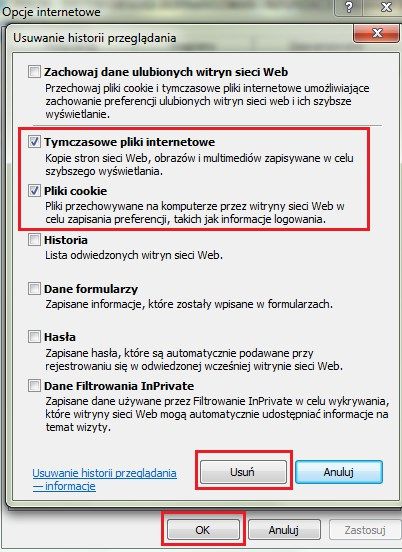 Ekran systemowy ‘Usuwanie historii przeglądania’.