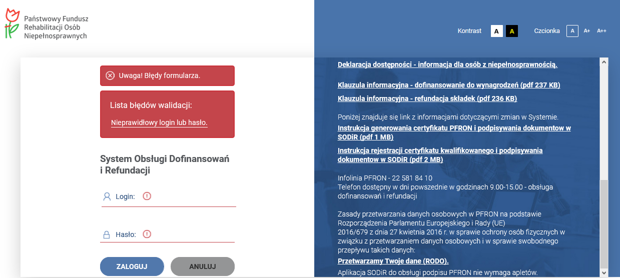 Widok ekranu z oknem logowania do SODiR.