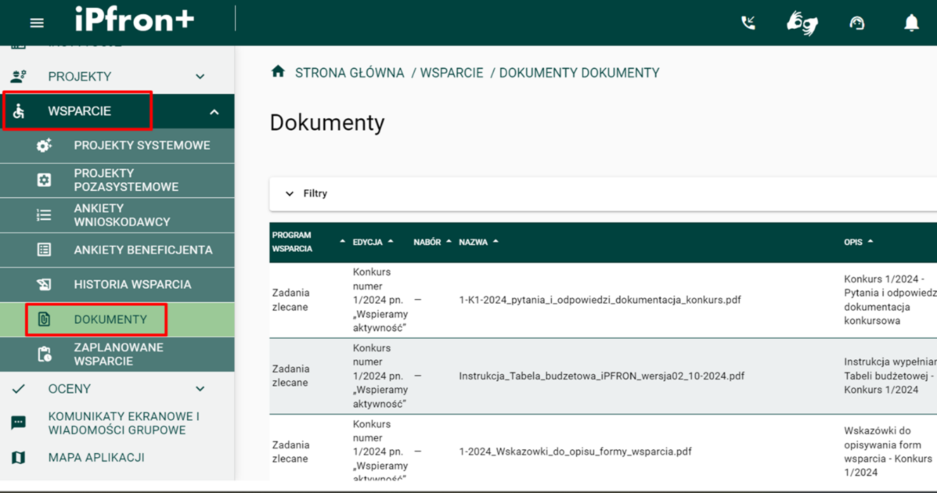 Widok  ze strony internetowej systemu iPFRON+ przedstawiający zakładkę „wsparcie”  i zamieszczone w niej dokumenty pomocnicze dla organizacji pozarządowych.