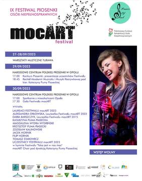 Plakat promocyjny z programem IX Festiwalu Piosenki Osób Niepełnosprawnych, program wydarzenia opisany jest w treści komunikatu