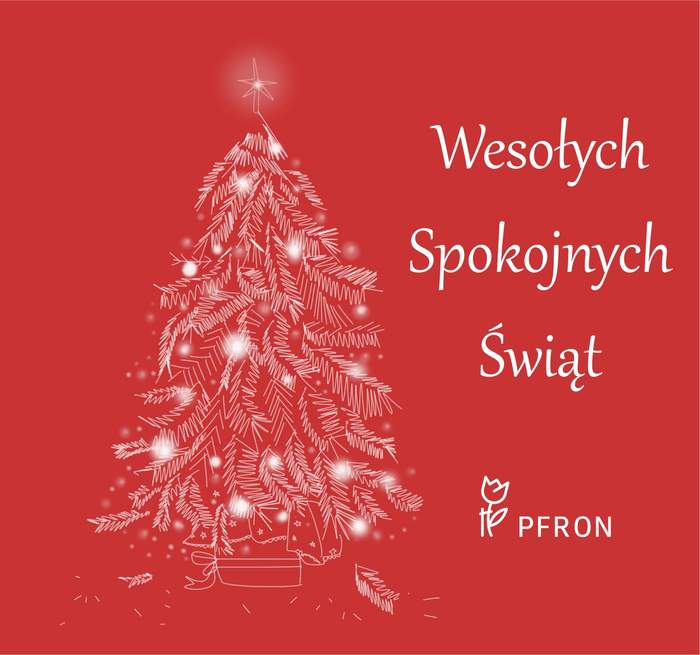 Pokaż zdjęcie: Na czerwonym tle znajduje się stylizowana choinka stworzona z białych linii i światełek oraz logo PFRON. Obok napis: „Wesołych Spokojnych Świąt”.