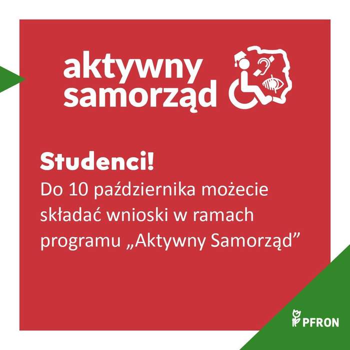 Pokaż zdjęcie: Grafika w kolorze czerwonym z zielonym elementem i logo PFRON oraz białymi napisami zawierającymi informację o programie "aktywny samorząd"