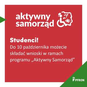 Pokaż zdjęcie: Grafika w kolorze czerwonym z zielonym elementem i logo PFRON oraz białymi napisami zawierającymi informację o programie "aktywny samorząd"