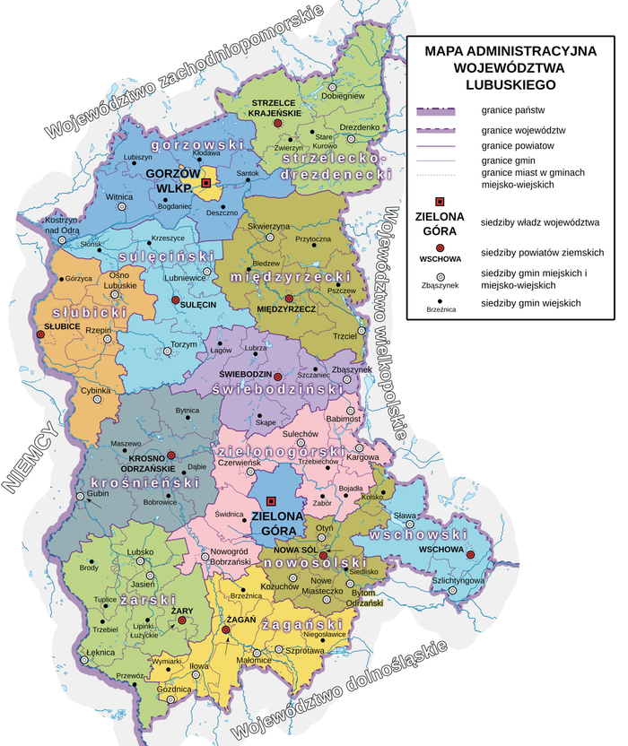 Pokaż zdjęcie: Mapa województwa lubuskiego z podziałem na powiaty i gminy, kolorowa