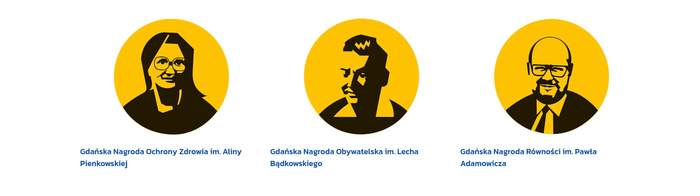 Pokaż zdjęcie: Grafika  „Gdańskie Nagrody Społeczne 2027” z trzema żółtymi portretami i nazwami nagród: im. Aliny Pienkowskiej, Lecha Bądkowskiego oraz Pawła Adamowicza.