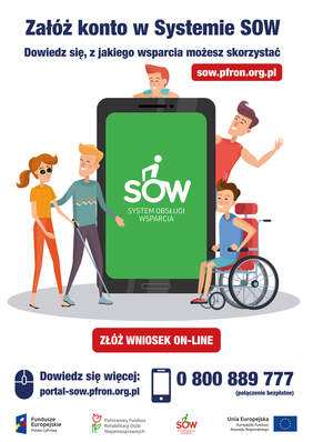 Plakat - Postacie rysunkowe z różnymi niepełnosprawnościami, skupione wokół dużego telefonu (smartfona). Napisy - złóż wniosek on-line, www.sow.pfron.org.pl