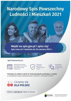 plakat dotyczący spisu, w górnej czeći napis Narodowy Spis (...) 2021 niżej na niebieskim tle 4 osoby, od lewej: kobieta, mężczyzna, dziewczynka, mężczuzna, uśmiechają się, w dolnej części informacje, w tym stona internetowa