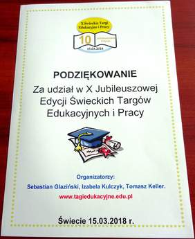 Podziękowanie za udział w X Jubileuszowej Edycji Targów w Świeciu