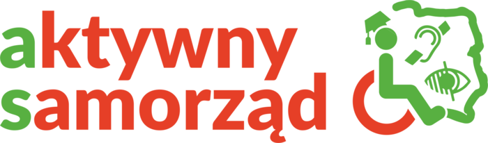 Pokaż zdjęcie: Napis „Aktywny Samorząd” – pierwsze litery nazwy w kolorze zielonym, pozostałe w czerwonym. Po prawej stronie fragment konturu Polski okalający grafiki przedstawiające osobę na wózku i symbolizujące osobę z niepełnosprawnością słuchu oraz wzroku.
