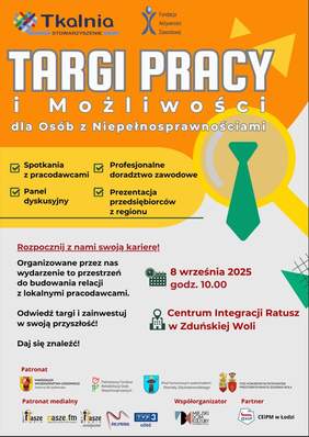 Pokaż zdjęcie: Zdjęcie jest plakatem informującym o mających się odbyć Targach Pracy i Możliwości dla Osób z Niepełnosprawnościami w Zduńskiej Woli. 