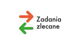 Pokaż zdjęcie: Zdjęcie jest infografiką programu. Po prawej stronie zamieszczony jest tekst: "Zadania zlecane". Po lewej stronie są dwie, poziome strzałki w przeciwnym kierunku: pomarańczowa i zielona. 