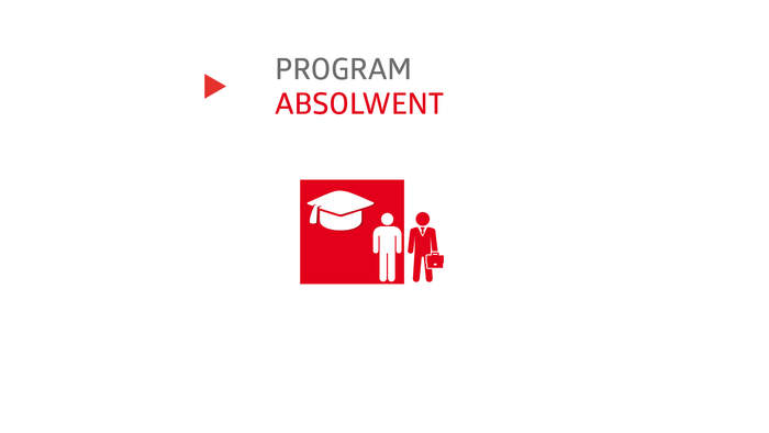 baner programu Absolwent, piktogramy: dwie postacie, czapka studencka