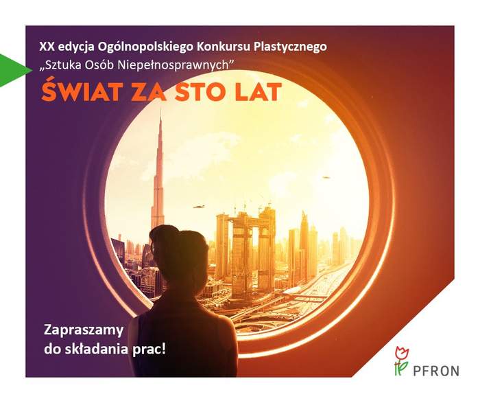 Pokaż zdjęcie: Grafika w koloerze fioletowym promując konkurs, z cieniem człowieka na tle słońca i miasta przyszłości wraz z tekstem "świat za sto lat"