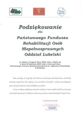 Pokaż zdjęcie: Podziękowanie za udział w Targach Pracy dla Oddziału Lubelskiego PFRON od Powiatowego Urzędu Pracy w Świdniku
