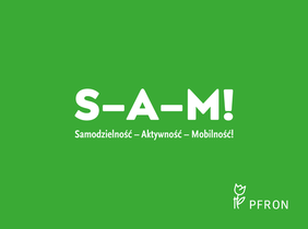 Pokaż zdjęcie: Grafika promująca projekt SAM w kolorze zielonym z białymi napisami "SAM"