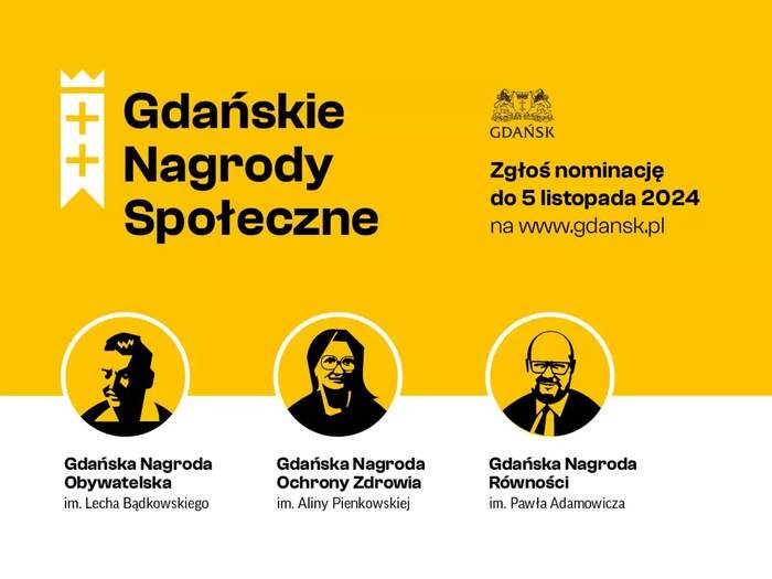 Pokaż zdjęcie: W lewym rogu tytuł wydarzenia, w prawym rogu godło Gdańska informacja o terminie zgłoszeń i adres strony internetowej gdańska. Pod spodem grafiki trzech patronów nagród z ich nazwami.