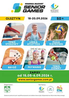 Pokaż zdjęcie: Plakat wydarzenia z wymienionymi sześcioma dyscyplinami: tenis stołowy, lekka atletyka, piłka siatkowa, brydż, pływanie i tenis ziemny. Zapisy trwają od 15 maja do 6 września 2026 roku. Na plakacie podano stronę internetową oraz logotypy organizatora i partnerów.
