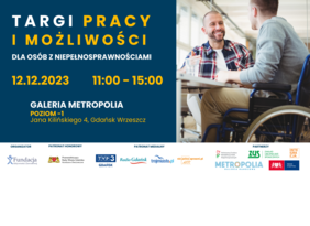 Pokaż zdjęcie: Napis: tytuł, termin i miejsce targów. Obok zdjęcie dwóch mężczyzn śmiejących się do siebie przy stole, jeden z nich siedzi na wózku.