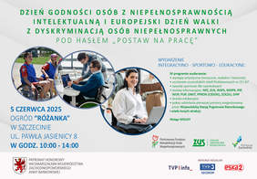Pokaż zdjęcie: Baner informacyjny  zielonym napisem "Dzień Godności Osób....", obo niebieski napis z datą i miejscem wydarzenia. Po środku w trzech kołach zawarte grafiki sportowców na wózkach i pracowników z niepełnosprawnością przy komputerach. Widoczne trzy loga PFRON, ZUS i POMORZE ZACHODNIE. Na dole po prawej stronie napis: Patronat Marszałkini Województwa Zachodniopomorskiego Anny Bańkowskiej i logo mediów: TVP3 Szczecin, TVP Info i ESKA 2 