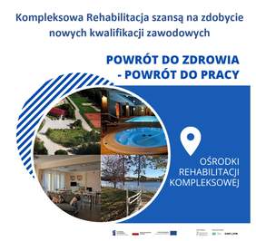 Pokaż zdjęcie: Na górze tekst: „Kompleksowa Rehabilitacja szansą na zdobycie nowych kwalifikacji zawodowych. Powrót do zdrowia – powrót do pracy”. Po lewej stronie w kole zdjęcia każdego z czterech Ośrodków Rehabilitacji Kompleksowej, które funkcjonują w