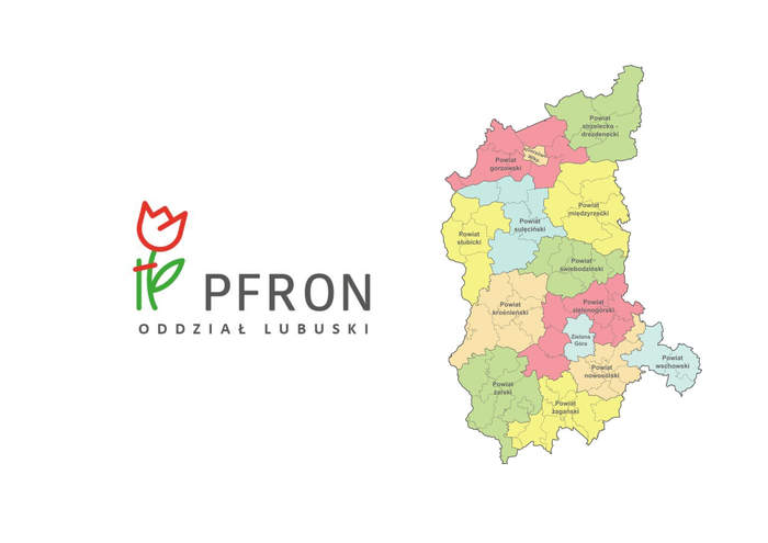 Pokaż zdjęcie: Logo PFRON Oddział Lubuski oraz kolorowa mapa województwa lubuskiego z podziałem na powiaty