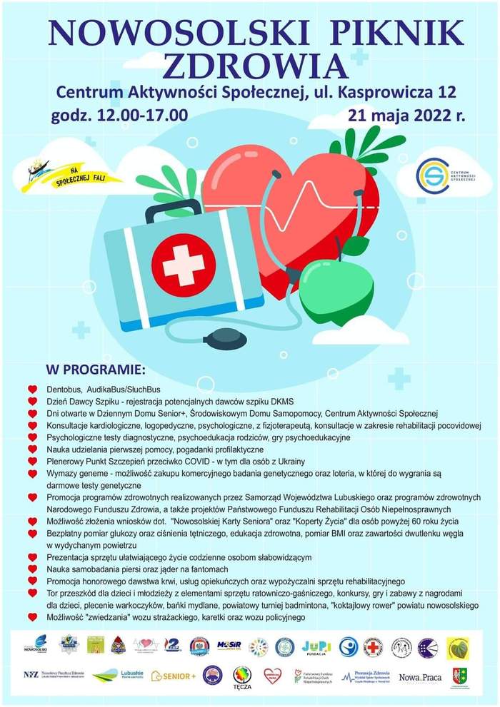 Pokaż zdjęcie: Grafika promująca Piknik Zdrowia wypełniona treścią programu spotkania, w kolorze jasnoniebieskim