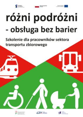 Pokaż zdjęcie: Plakat projektu ukazujący postacie Osób Niepełnosprawnych i ikony różnych środków lokomocji.