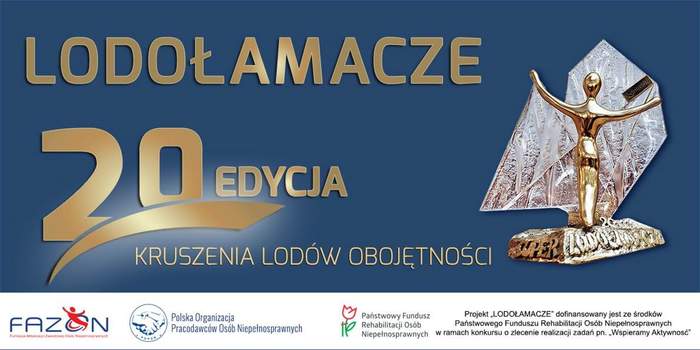 Pokaż zdjęcie: Na niebieskim tle złoty napis lodołamacze 20 edycja kruszenia lodów obojętności. Obok kryształowa statuetka. 