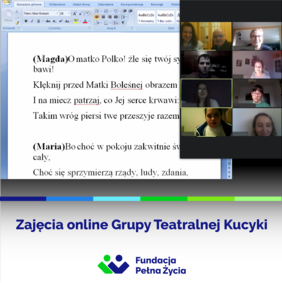 Pokaż zdjęcie: Zajęcia online grupy teatralnej "Kucyki". Na zdjęciu osoby, które uczestniczyły w zdalnych zajęciach oraz fragment tekstu ról.