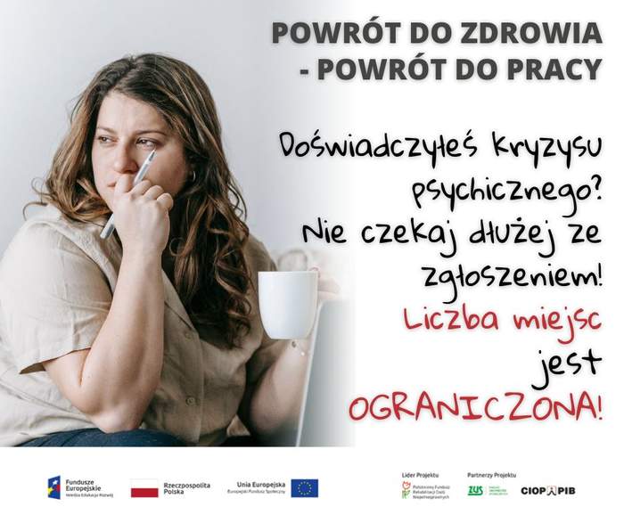 Pokaż zdjęcie: Grafika promują projekt przedstawiająca zamyśloną kobietę trzymając kubek i długopis, grafika opatrzona treścią zachęcającą do wzięcia udziału w projekcie