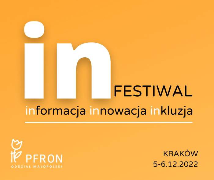 Pokaż zdjęcie: biało czarny napis inFestiwal na żółtym tle. W dole logo PFRON